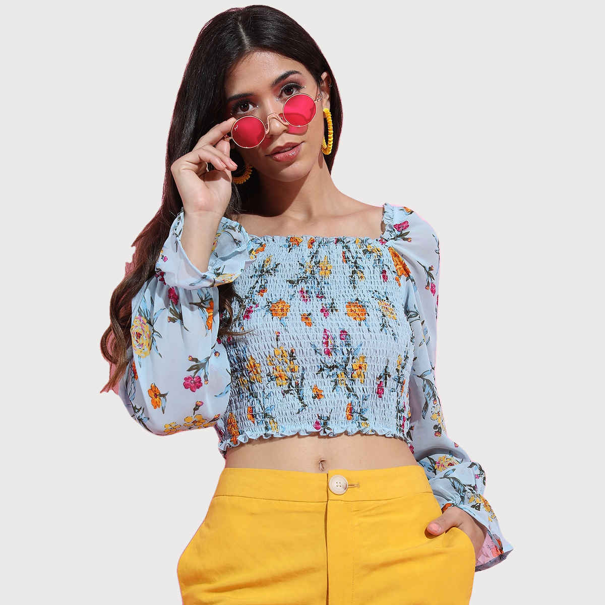 Tokyo Talkies Women's Floral Print Top | Light Blue - S