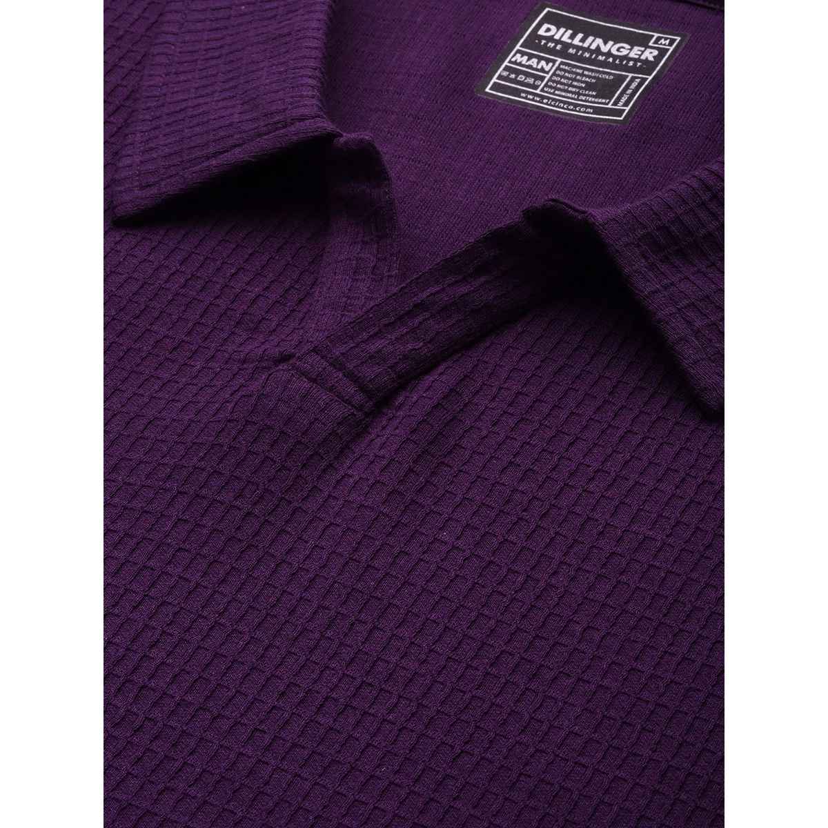 Dillinger Men's Waffle Structure Self Design Oversized Polo Collar T-shirt | Purple - M