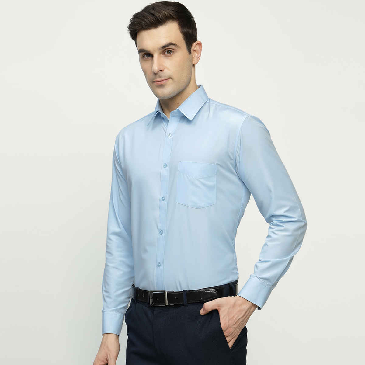 English Navy Men's Cotton Solid Slim Fit Spread Collar Button Closure Formal Shirt | Sky Blue | L