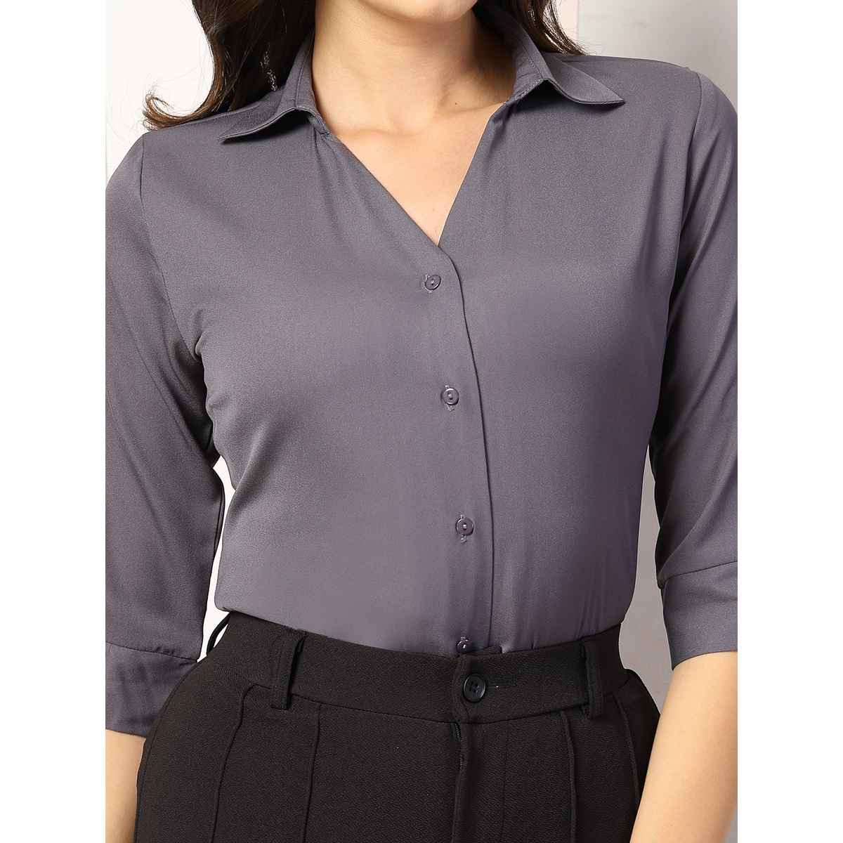 Style Quotient Women Solid Polymoss Regular Casual Shirt | L | AW24SQARTI - Grey