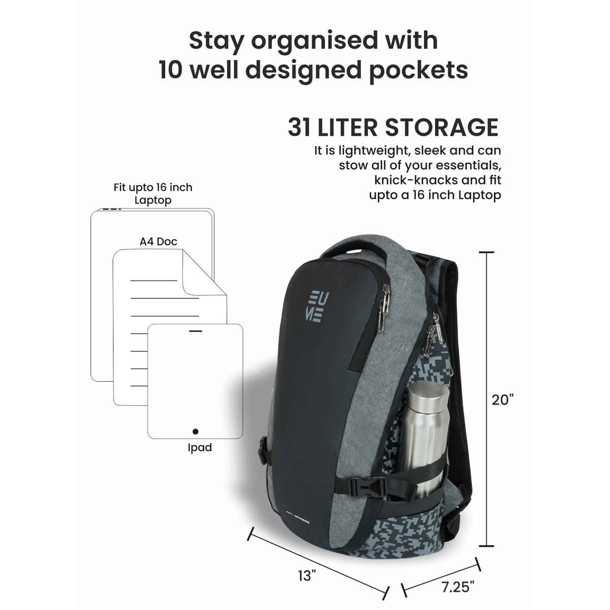 EUME Unisex Solid Nylon 31 L Massager Backpack | Black - 15.6 Inches