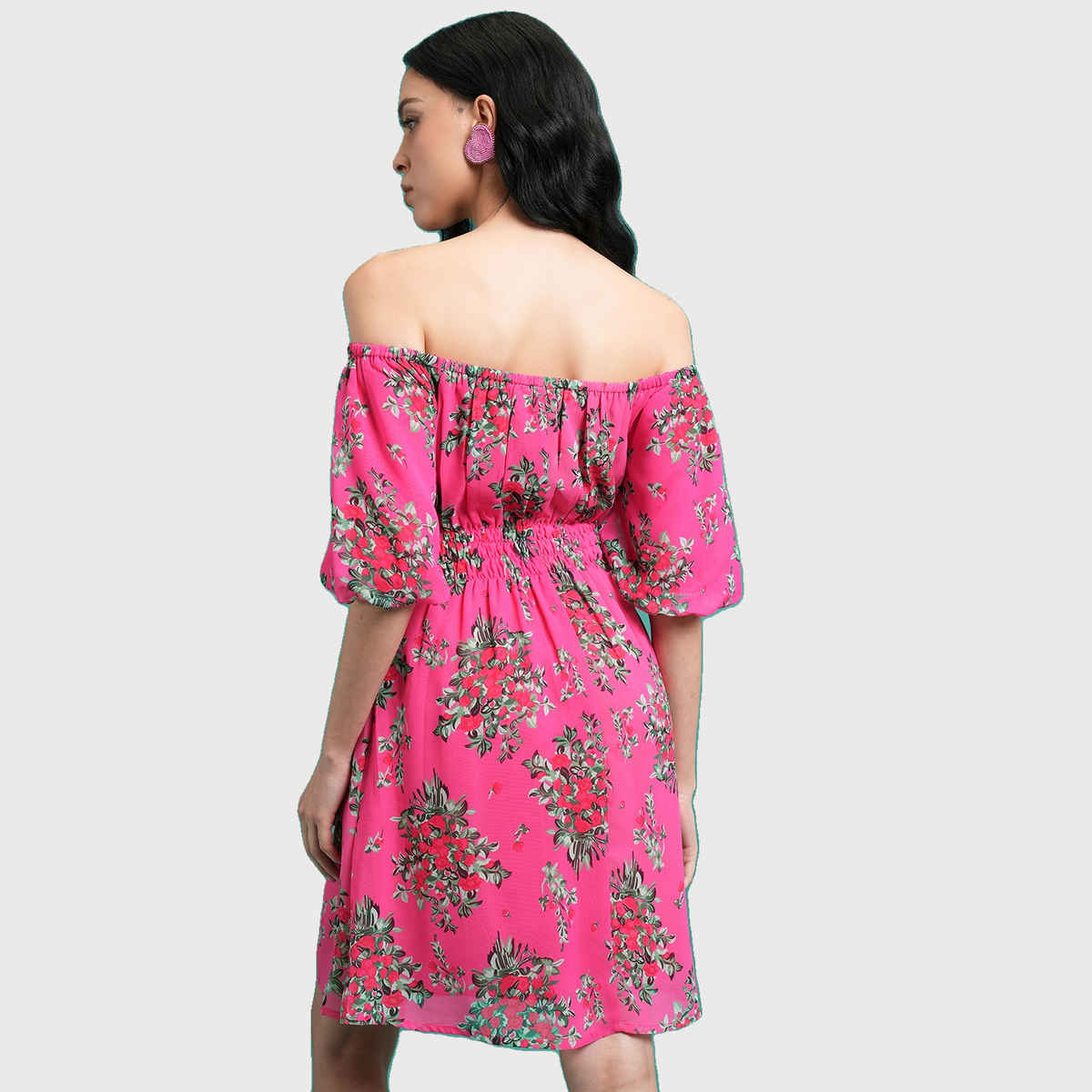 Ketch Women's Floral Printed Off-Shoulder Flared Sleeves Smocked Fit & Flare Mini Dress | Multicolor - S