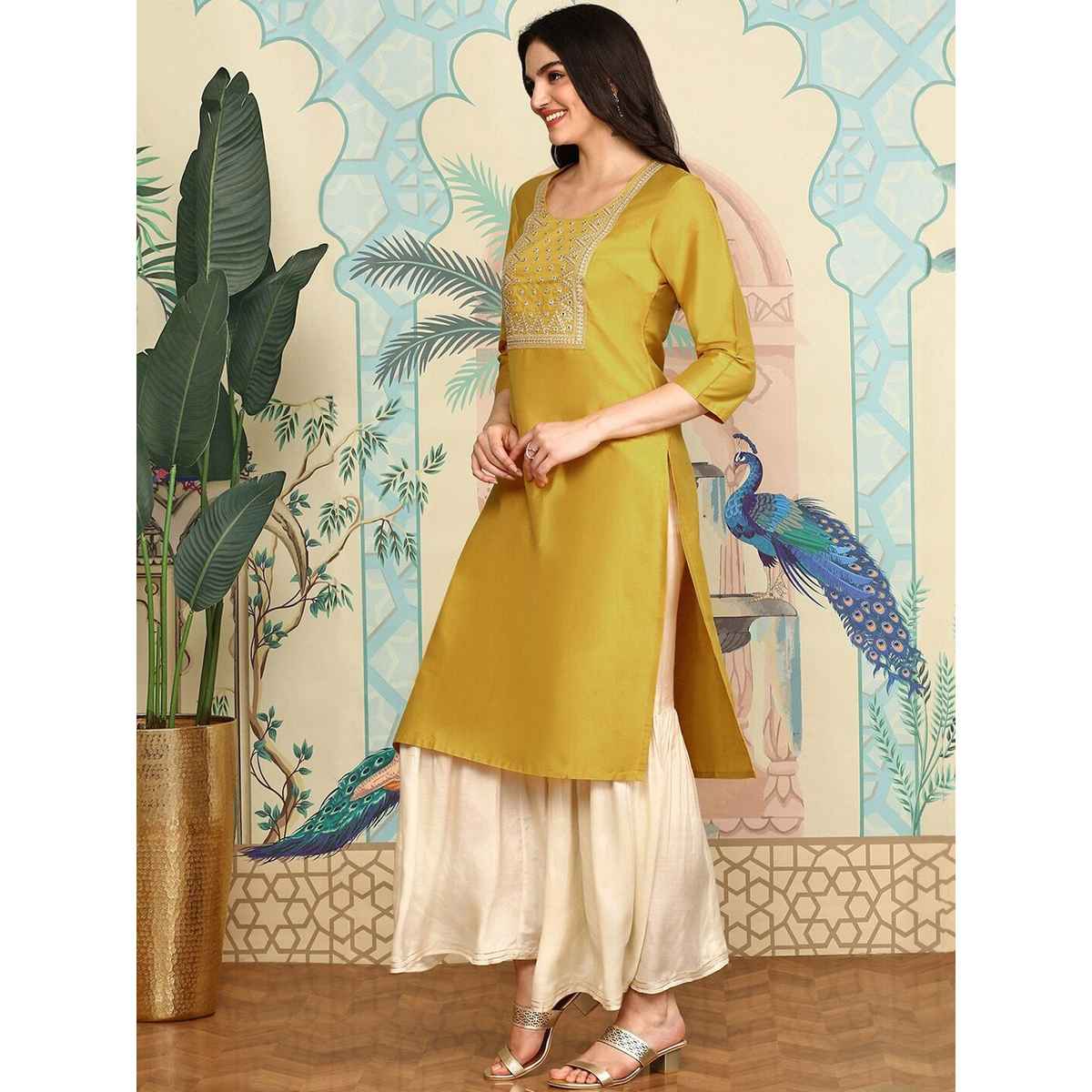 Ishin Women Poly Viscose Kurta | INWKAS24160 | Mustard - L