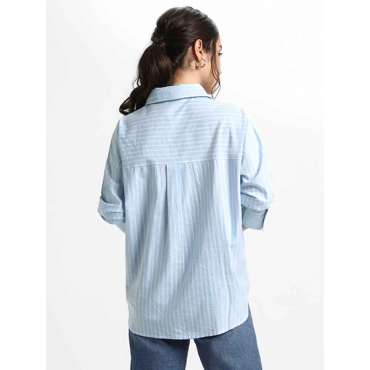DL Women's Oversized Vertical Stripes Pure Cotton Oxford Casual Shirt | DLWSHW23001 | Blue - M