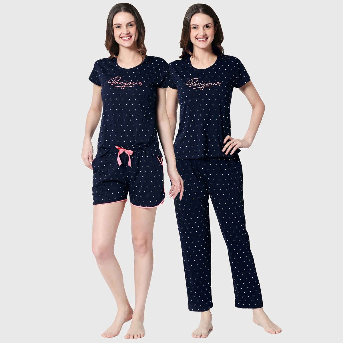 Zeyo Women Cotton 3 Pcs | Top-Pyjama-Shorts Triangle Printed Navy Blue Night Suit 5360-NY- M
