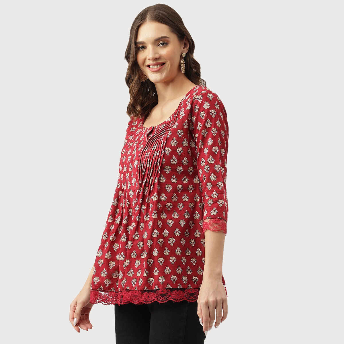 Divena Women's Floral Printed Cotton Peplum Tunic | DK0932 | Maroon | L