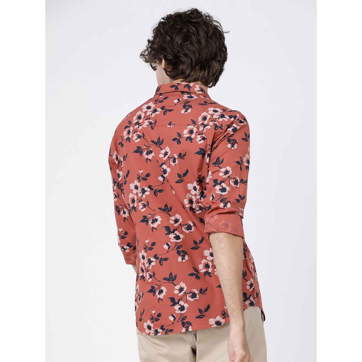 Highlander Men's Slim Fit Floral Printed Casual Shirt - Rust and Black | L