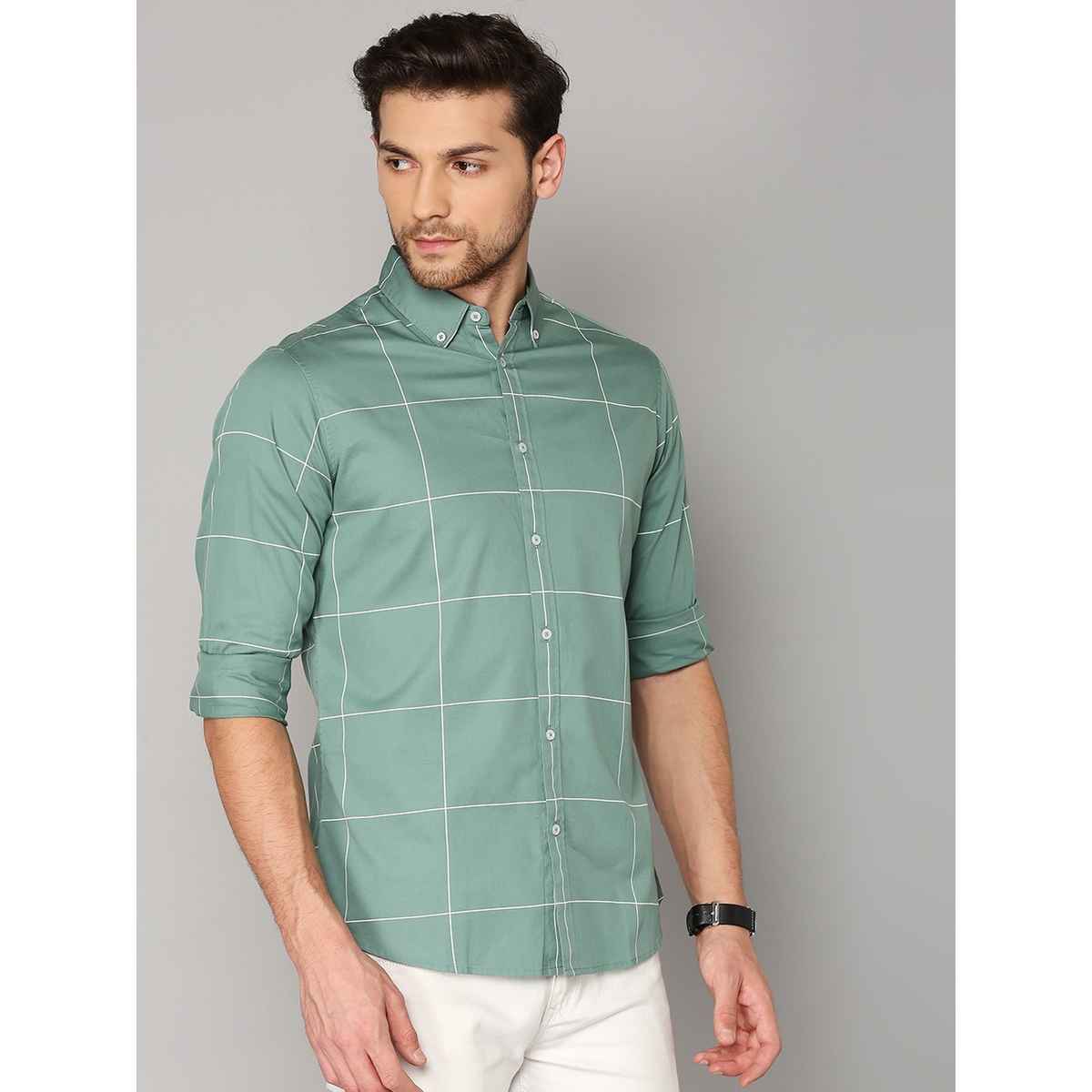 Dennis Lingo Men's Pure Cotton Windowpane Checked Slim Fit Casual Shirt | Green | L