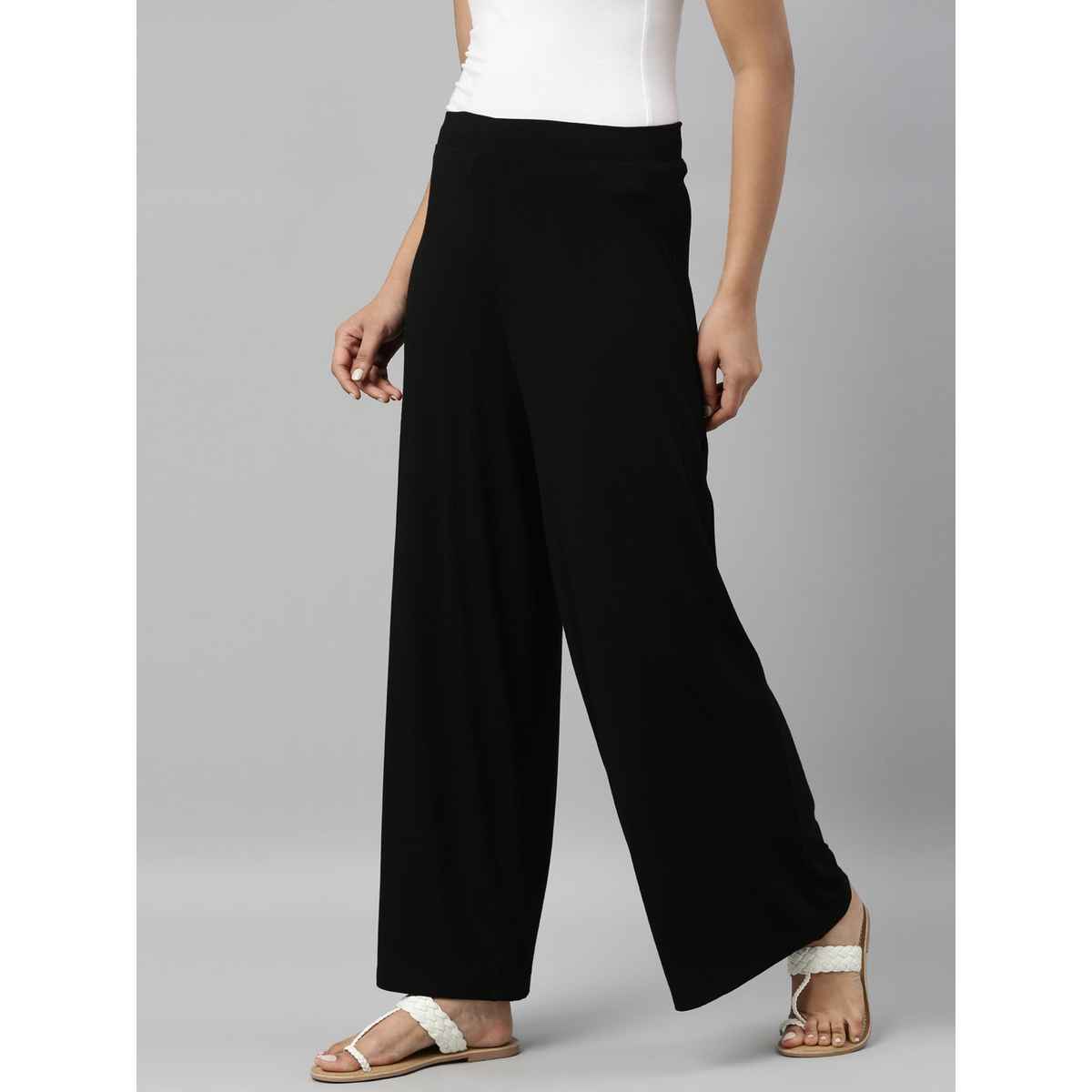 Go Colors Women's Solid Viscose Mid Rise Knit Palazzos | LPZ1 | Black - M