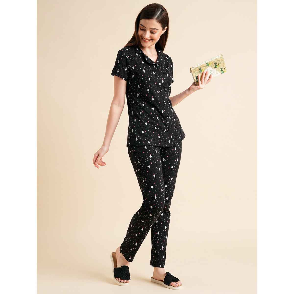 Sweet Dreams Women Printed Half Sleeves Pyjama Set Black S