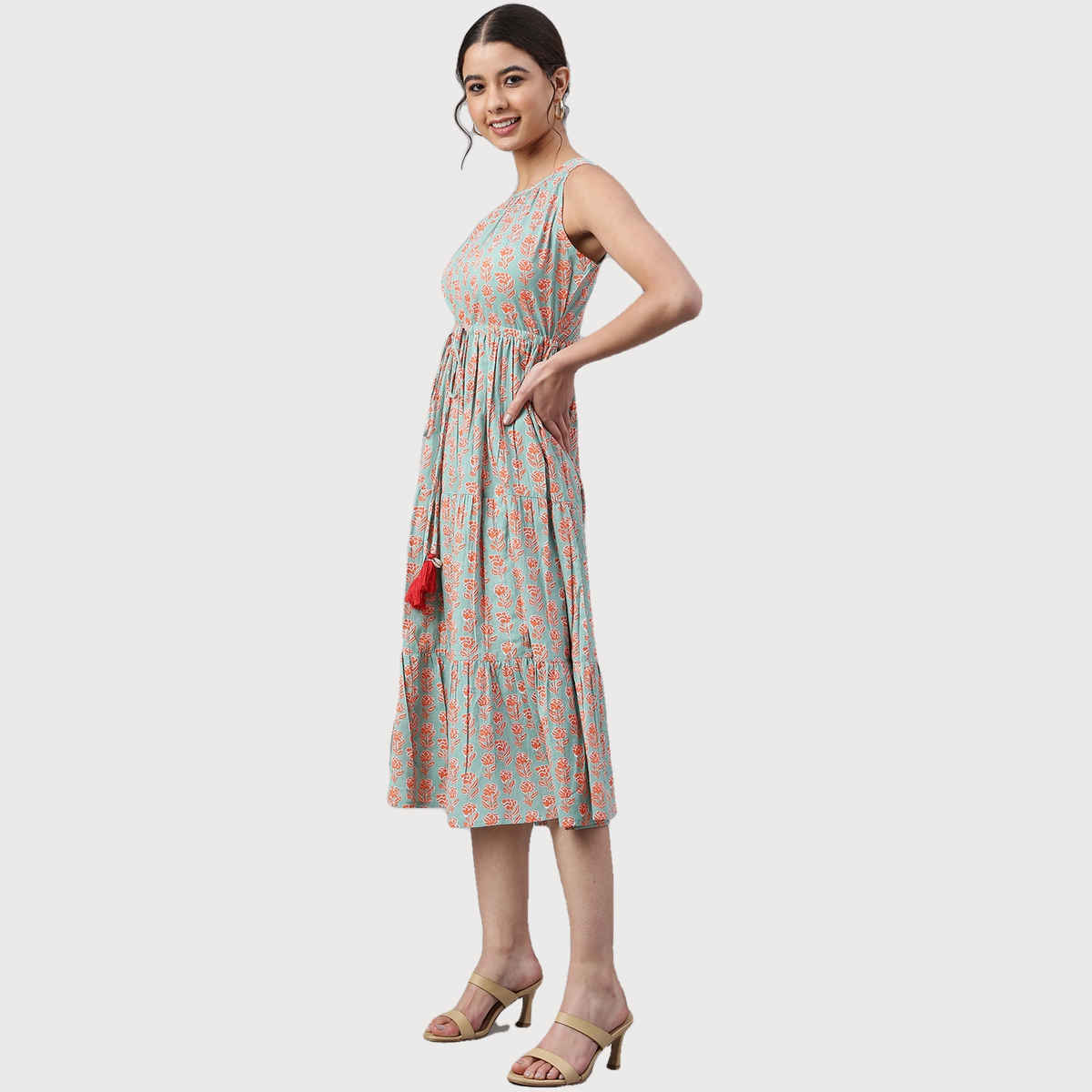 Janasya Women s Mint Green Pure Cotton Floral Block Print Tiered Western Dress - JNE3961-DR - M