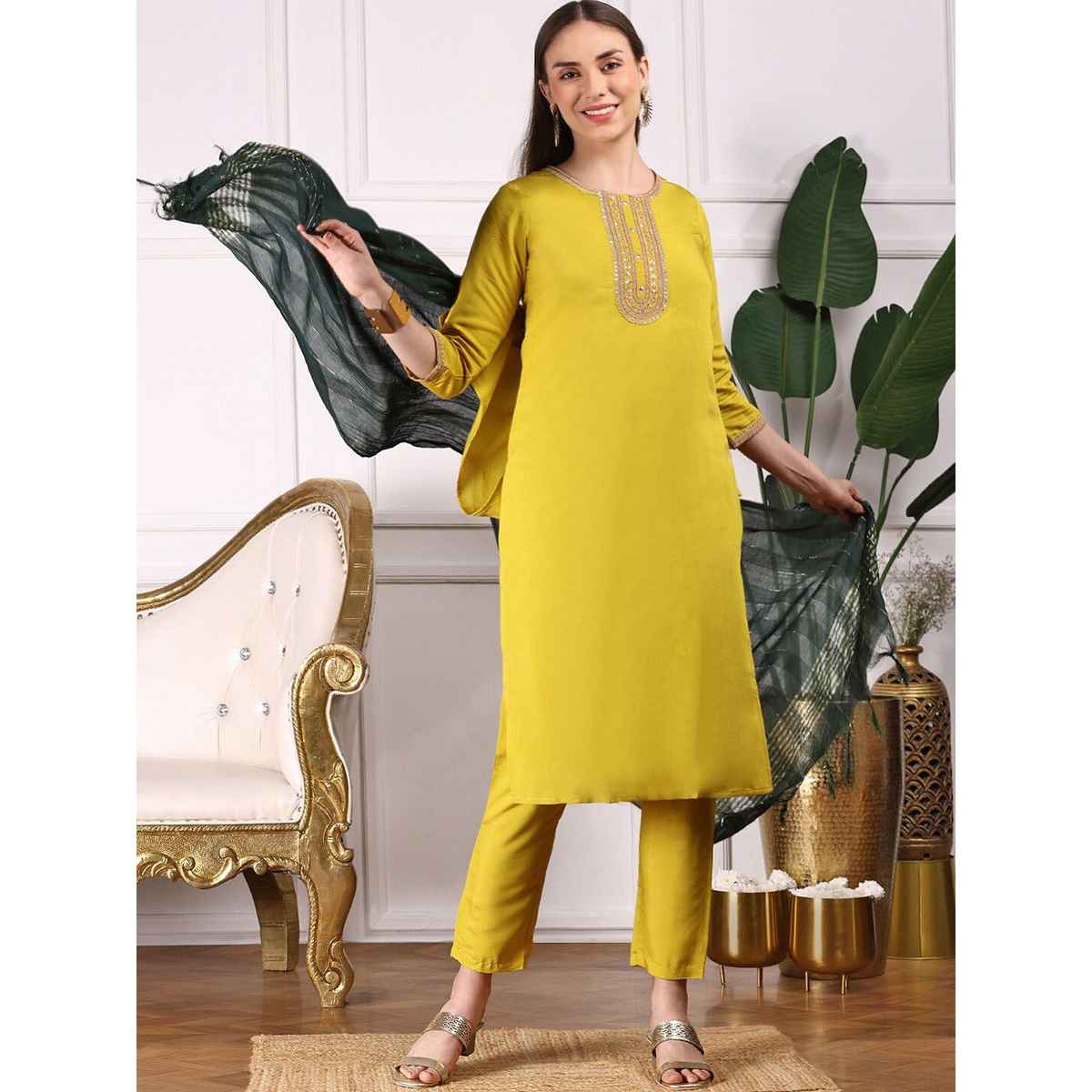 Ishin Women Kurta Set with Dupatta | INWSDS24158 | Yellow Viscose Silk - L