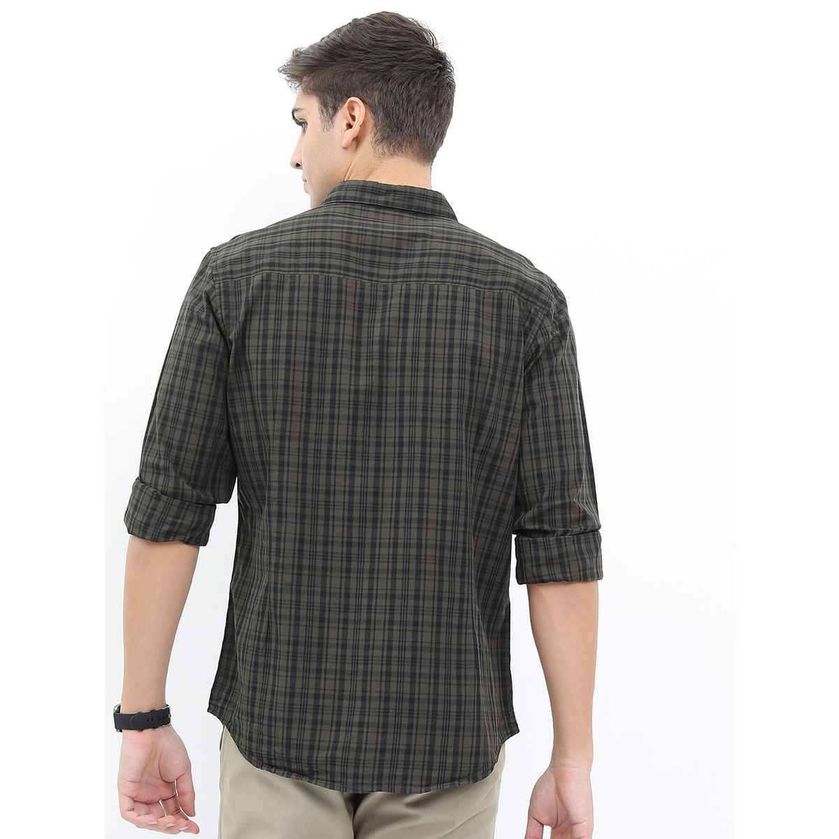 Highlander Men's Slim Fit Checked Casual Shirt - Olive and Black | L