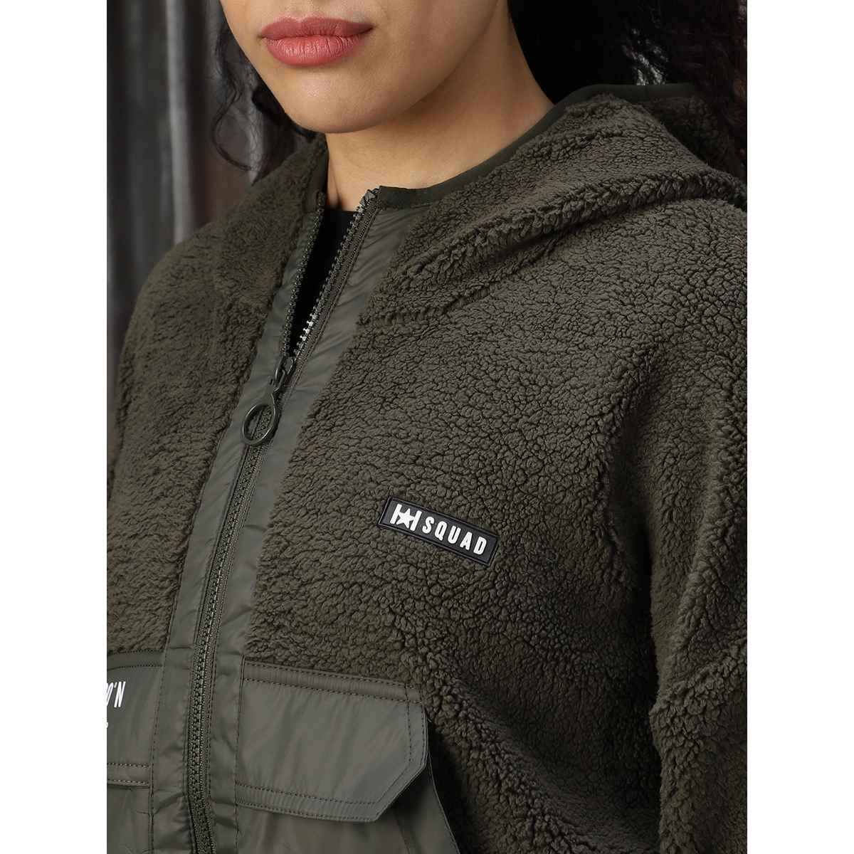 High Star Women's Self Design Hooded Front-Open Crop Sweatshirt | Olive - M