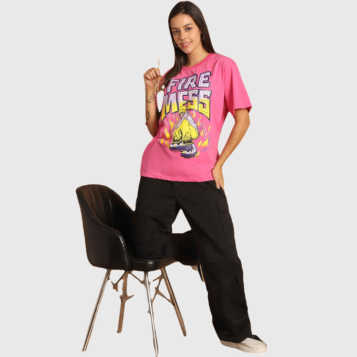 Fabflee Women Oversize Cotton Printed Round Neck Tshirt | Pink | FAB-OS-510 | S