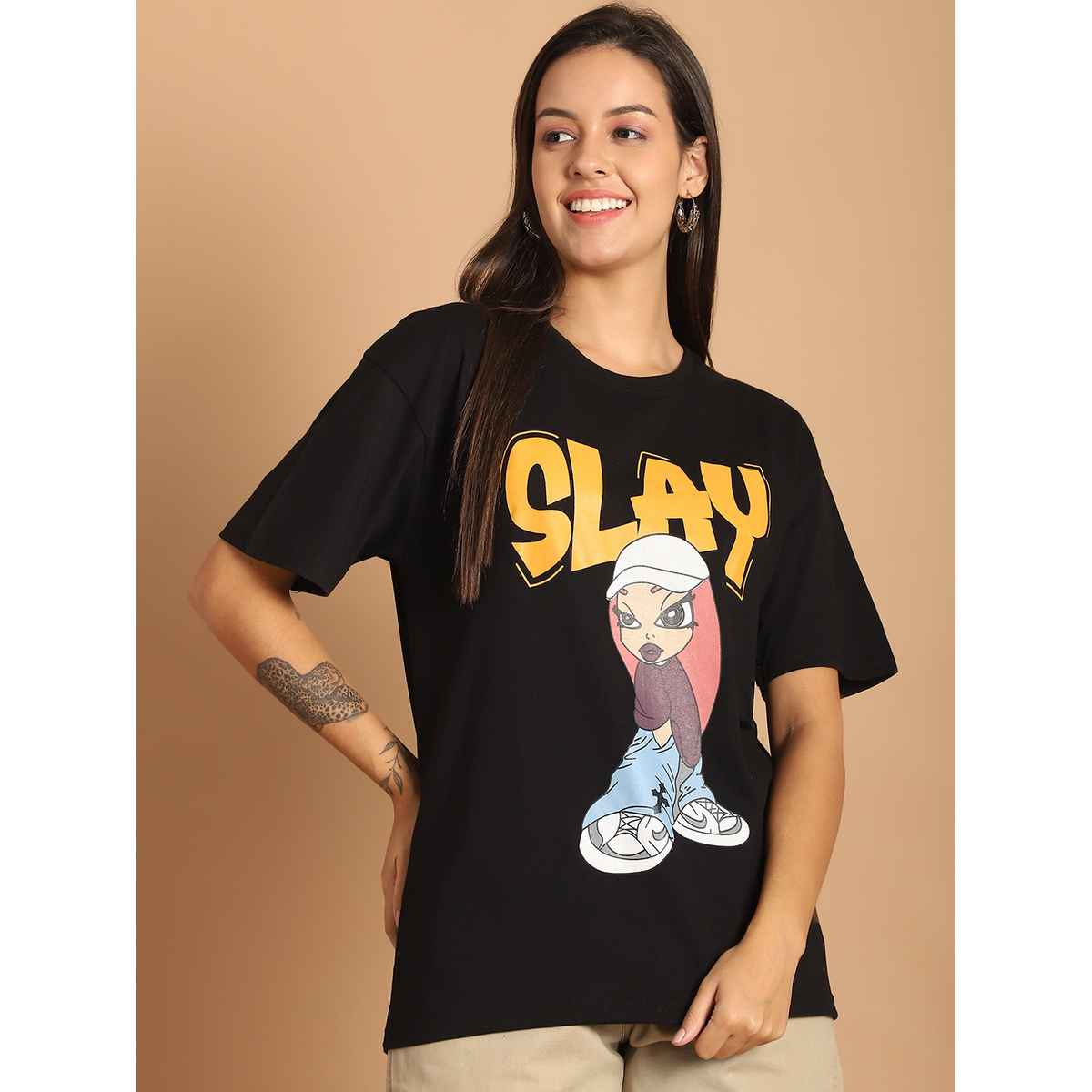 Fabflee Women Oversize Cotton Printed Round Neck Tshirt | Black | FAB-OS-501 | M