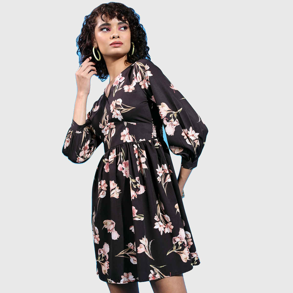 Ketch Women's Floral Printed V-Neck Smocked Fit & Flare Dress | Black - S
