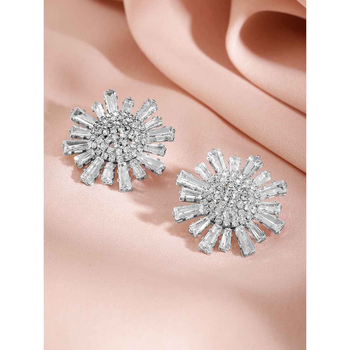 Rubans Rhodium-Plated Cubic Zirconia Stone Studded Floral Shaped Studs