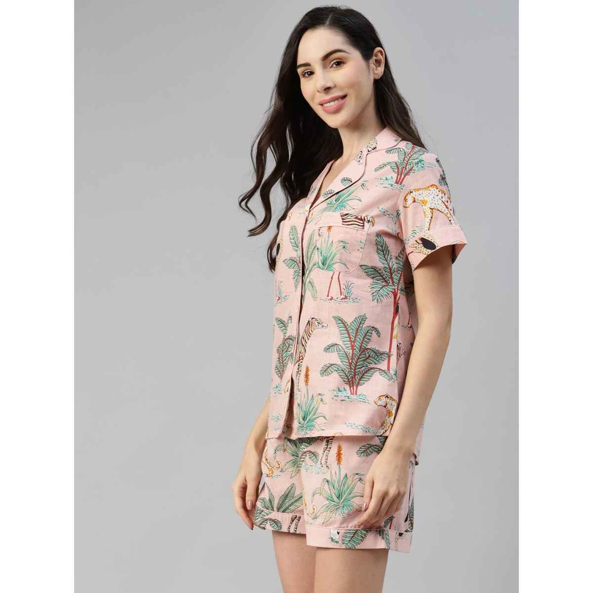 Divena Cotton Floral Print Women's Night Suit | DK0220 | Pink - L