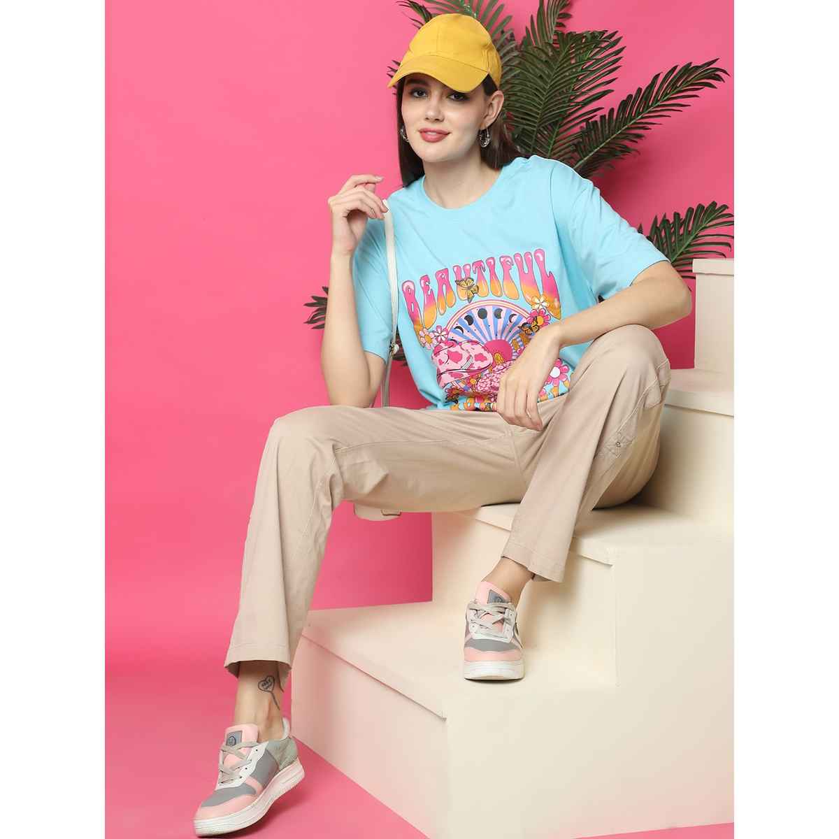 Fabflee Women Oversize Cotton Printed Round Neck Tshirt | Light Blue | FAB-OS-516 | S