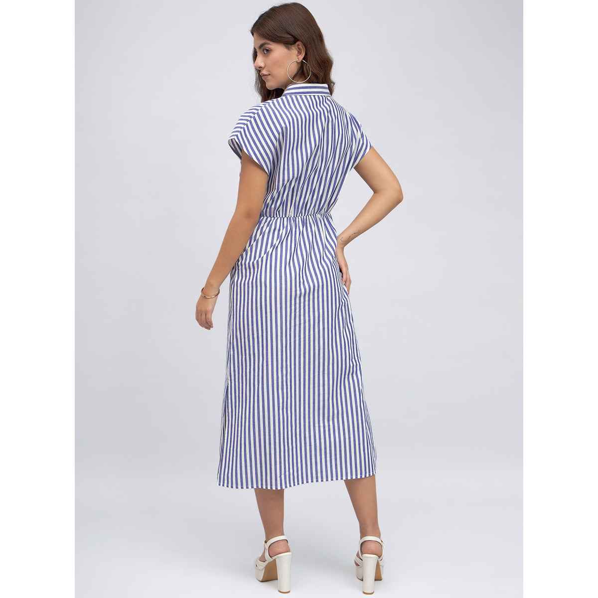 DL Women's Striped Tie-Up Cotton Shirt Style Midi Dress | DLWDRW23008 | Blue - M