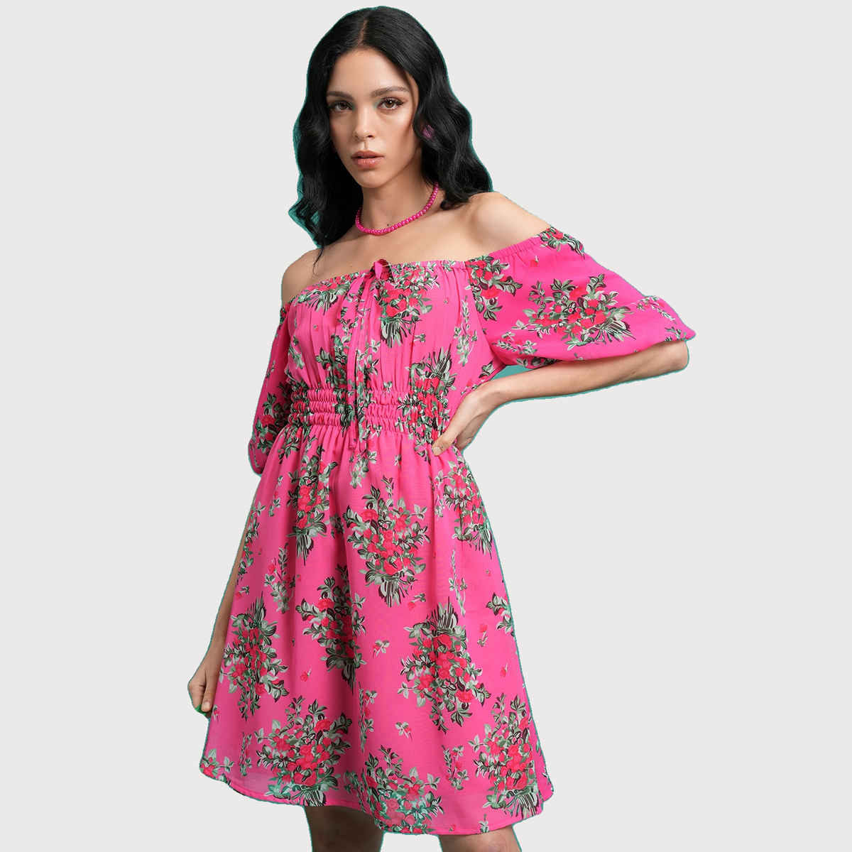 Ketch Women's Floral Printed Off-Shoulder Flared Sleeves Smocked Fit & Flare Mini Dress | Multicolor - S