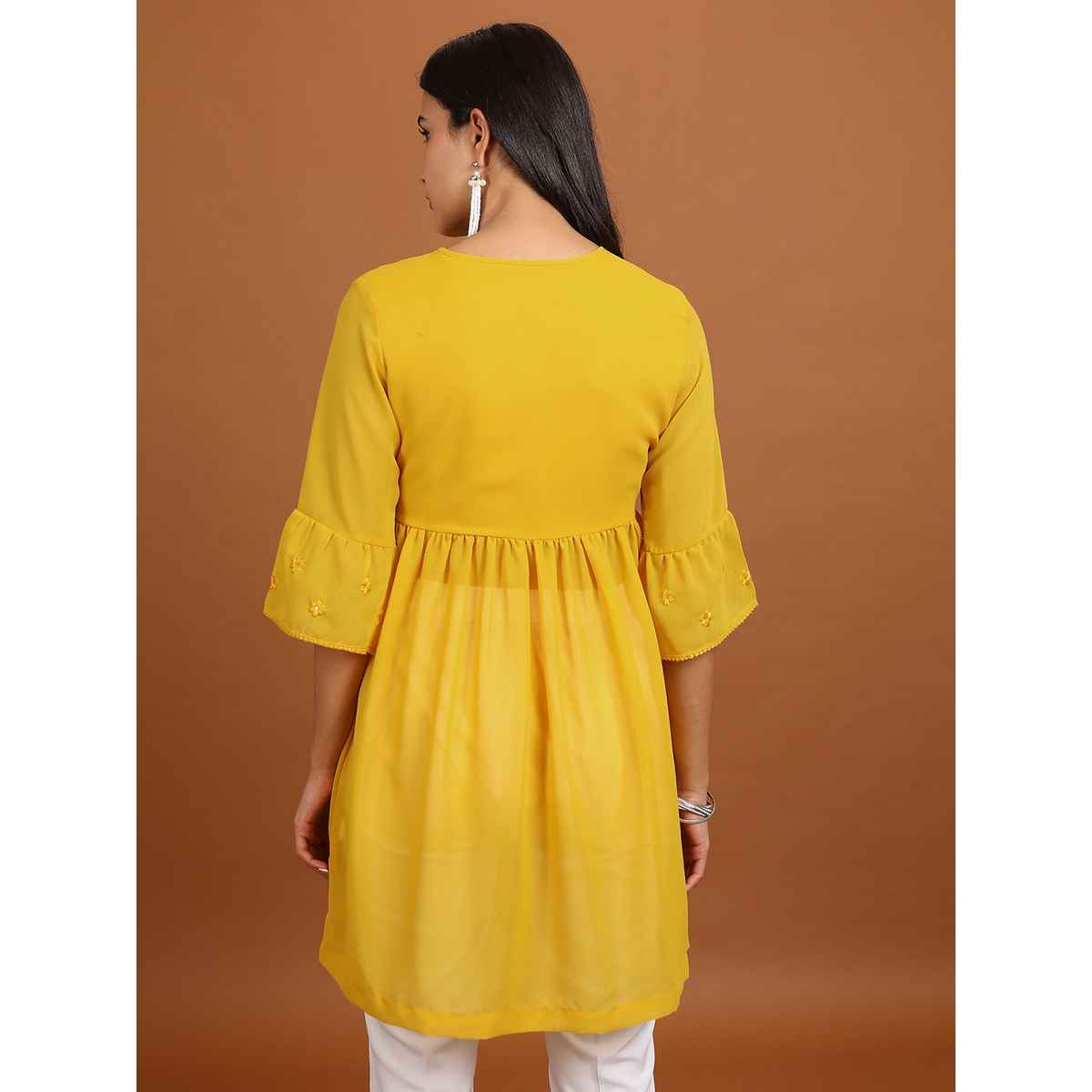 Ketch Women's Ethnic Motifs Embroidered V-Neck Bell Sleeve Pleated A-Line Kurti | Mustard | L