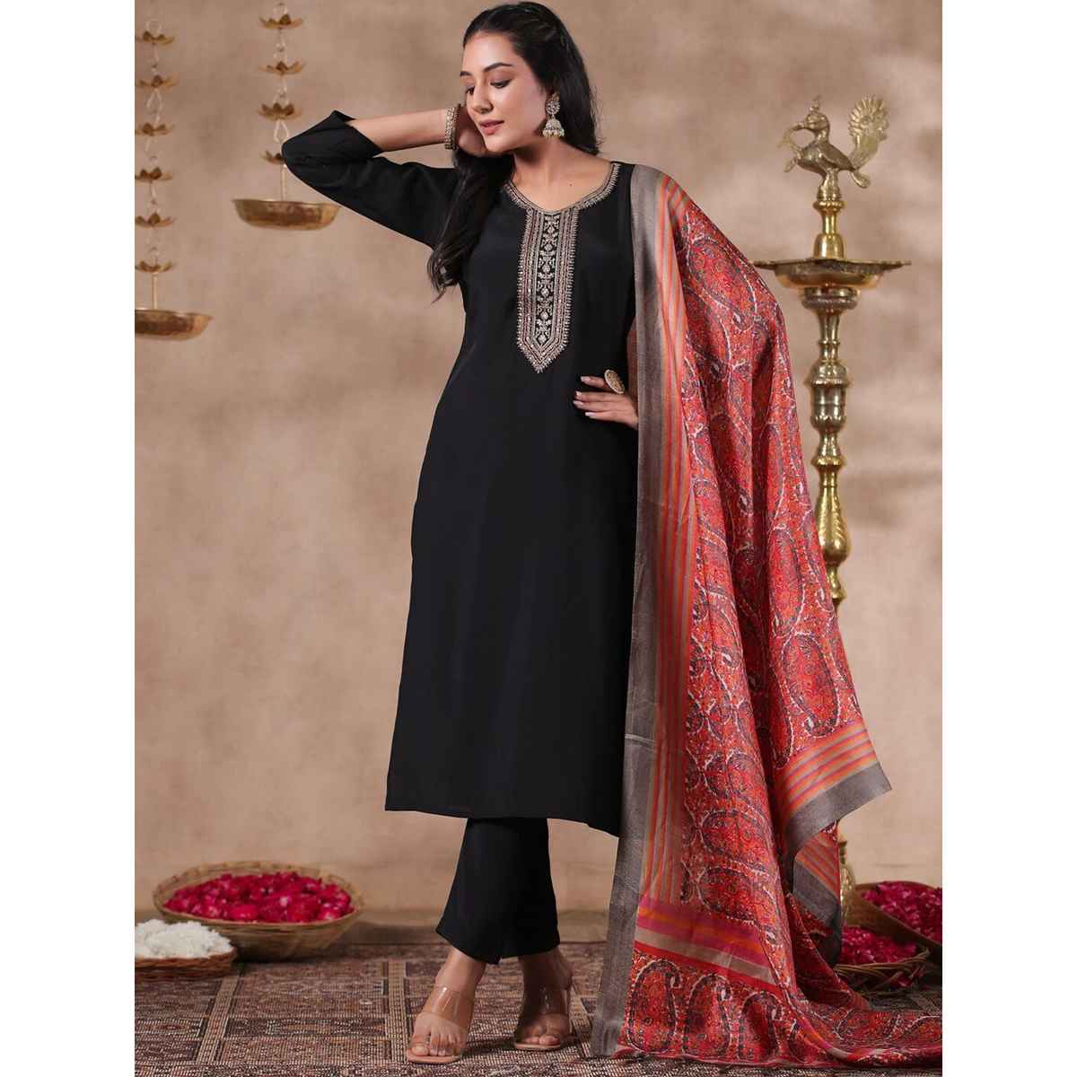 Ishin Women Straight Ethnic Poly Silk Kurta Set with Dupatta | INWSDAW231073 | Black - L
