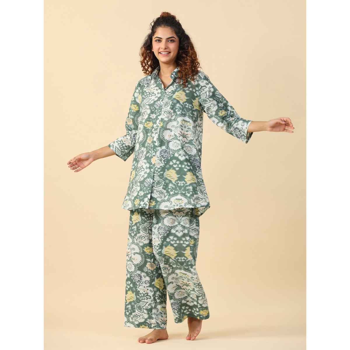 Sanskrutihomes Floral Printed Pure Cotton Night Suit | Green - White | S