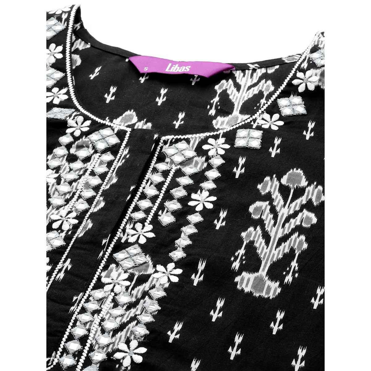 Libas Women Black Mirror Work Detail Straight Kurta With Black Trousers & Dupatta - 34164M