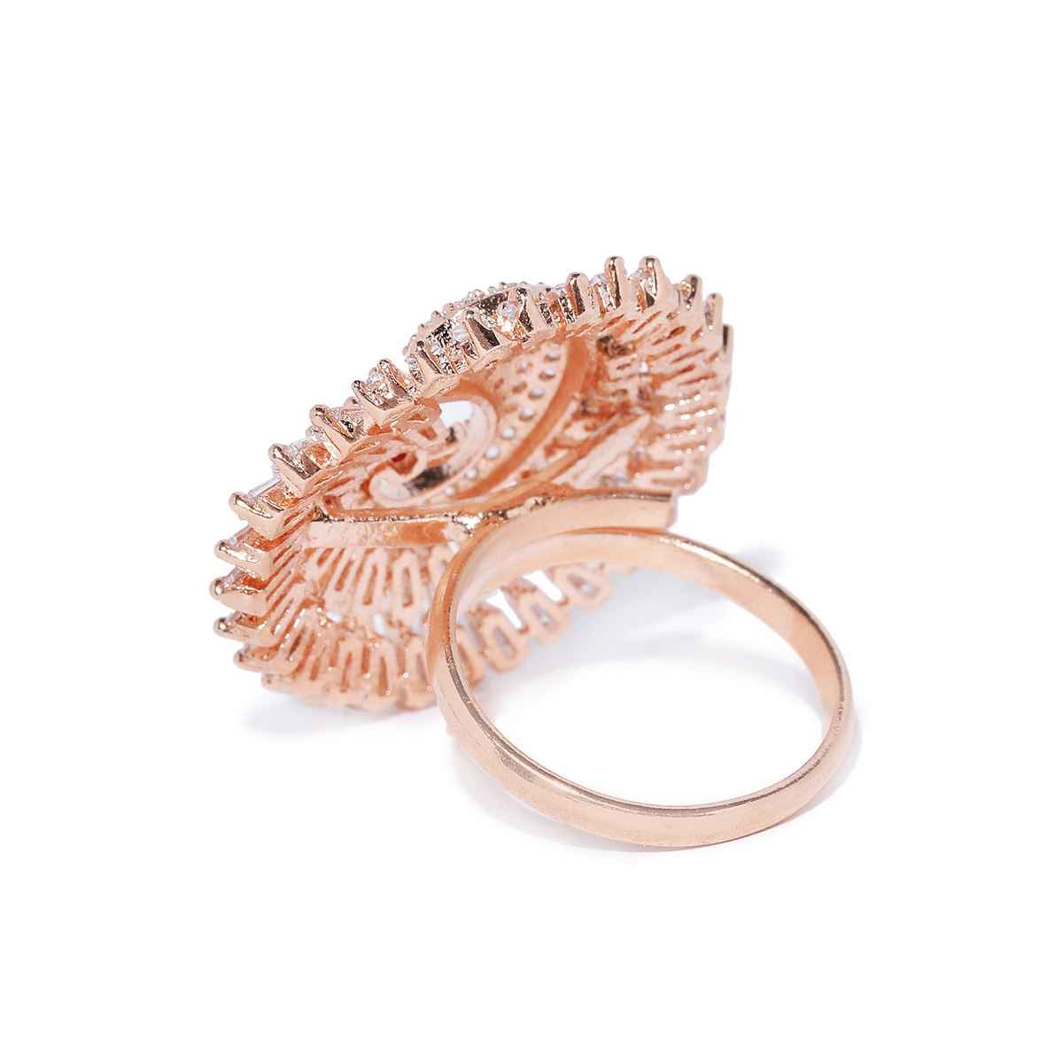 Priyaasi Bird Feathers-Rose Gold-Plated Peacock Adjustable Ring Studded With American Diamond