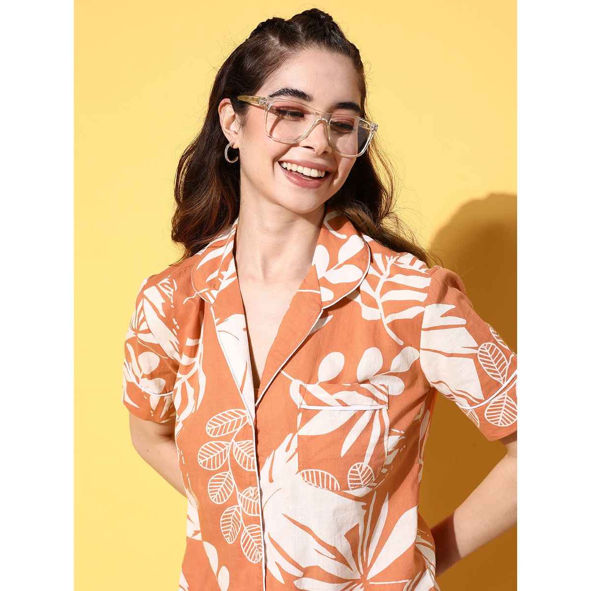 Sanskrutihomes Women Orange & White Pure Cotton Floral Printed Night Suit SE-NSP-92 | L