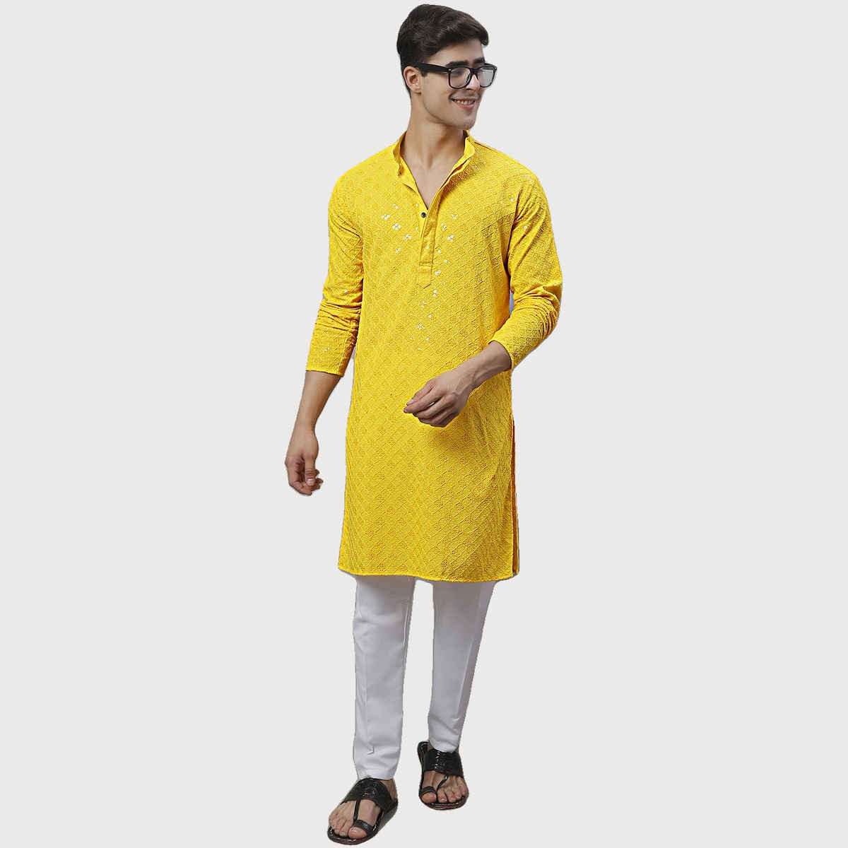 Jompers Embroidered and Sequence Kurtas for Men s | KO 695 Yellow | XL