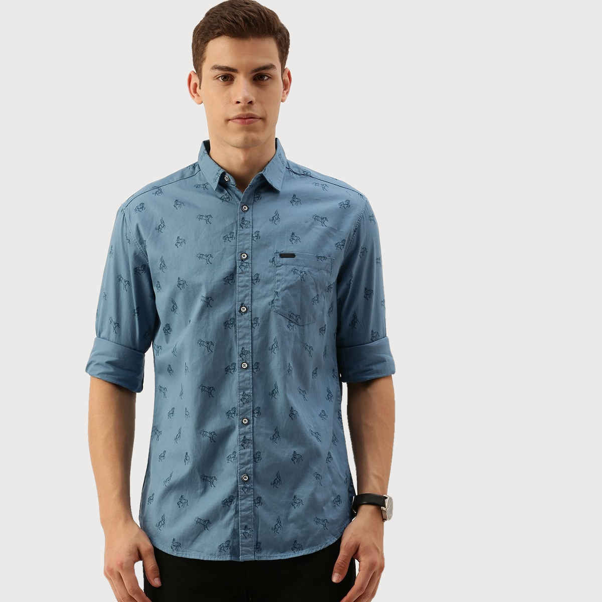 The Indian Garage Co Men's Slim Fit Graphic Casual Shirt | Teal - S