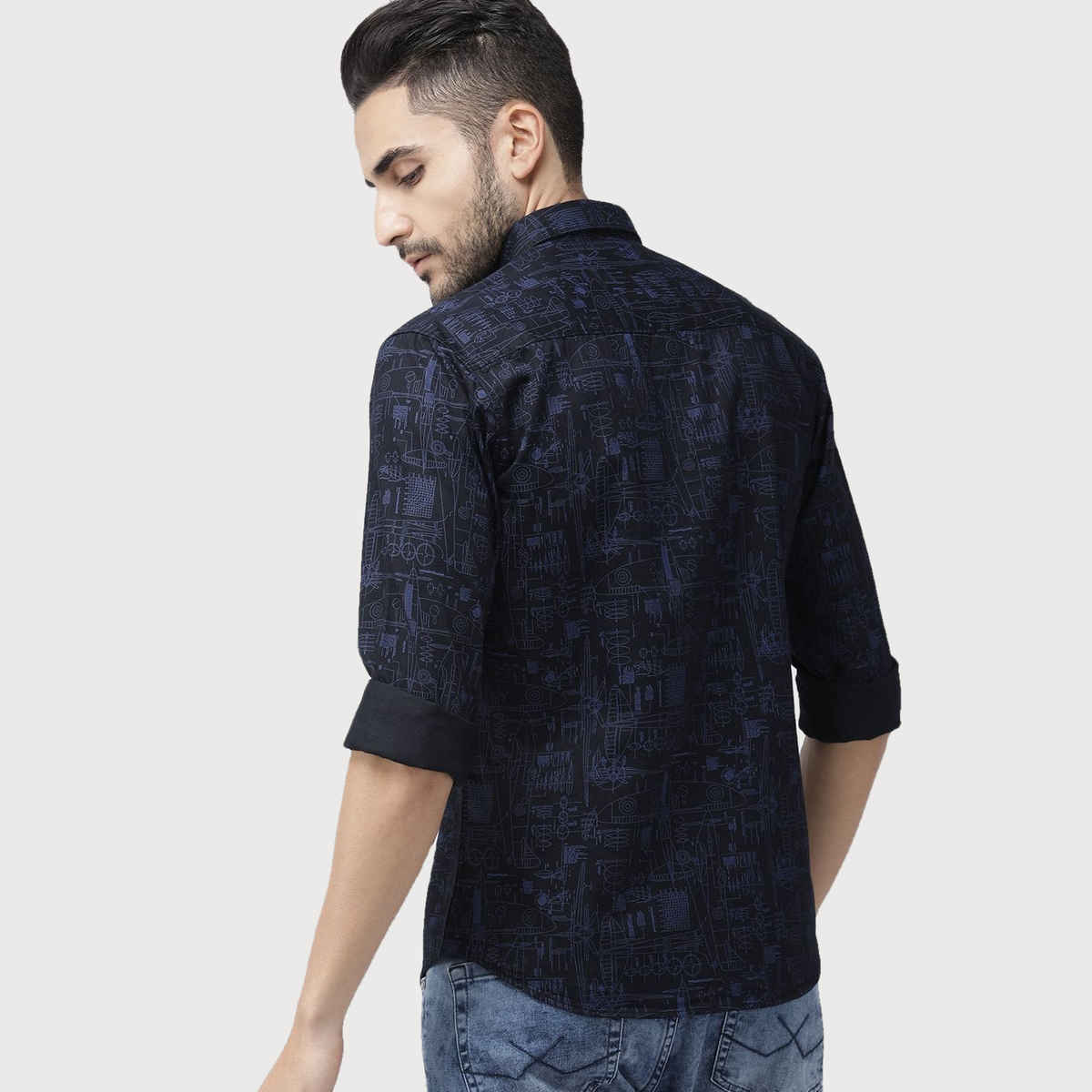 The Indian Garage Co Men's Slim Fit Abstract Print Casual Shirt | Black - L