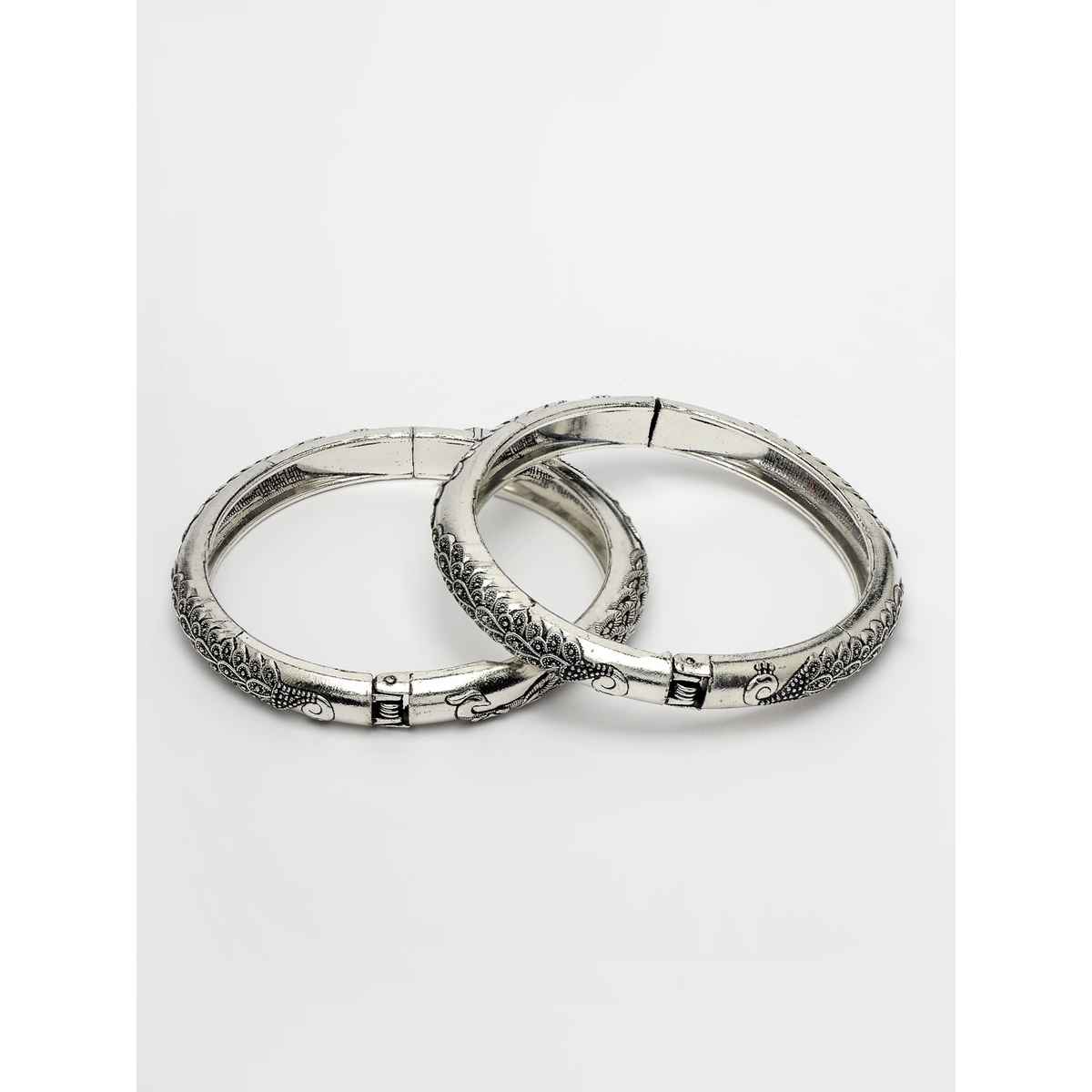 NVR Women's Set of 2 Silver-toned German Silver Peacock Design Oxidised Kada Bangle | NVR2478