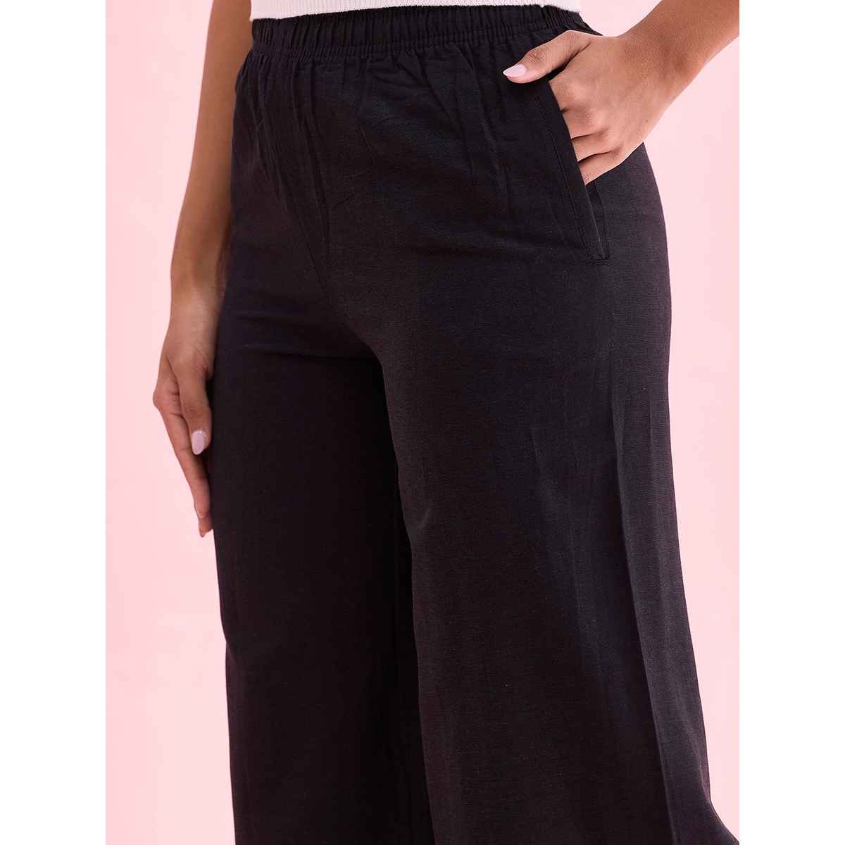 Go Colors Women's Solid Linen Palazzos | LPZ3 | Black - XL