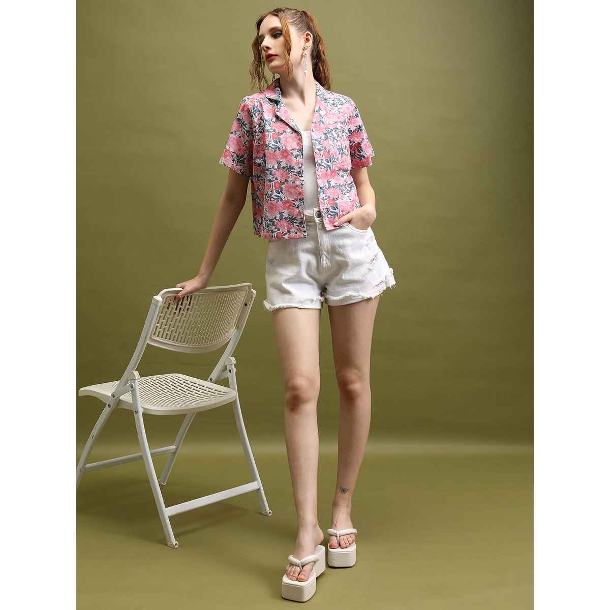 Tokyo Talkies Women's Printed Crop Shirt Top | Pink Beige Multicolour - M