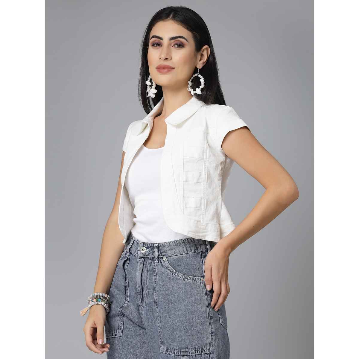 Style Quotient Women Denim Open Front Regular Shrug | S | SS23SQBUBBLY - Off-White