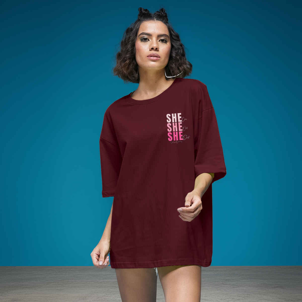 Smartees Women's Oversize Printed T-shirt | WW - 2045 | Maroon - M