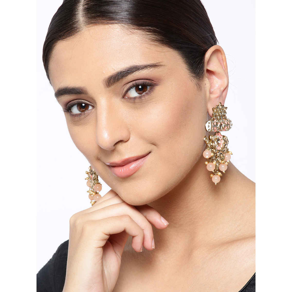 Priyaasi Gold-Plated Stone Studded Meenakari Earrings with Beads Drop in Peach Color