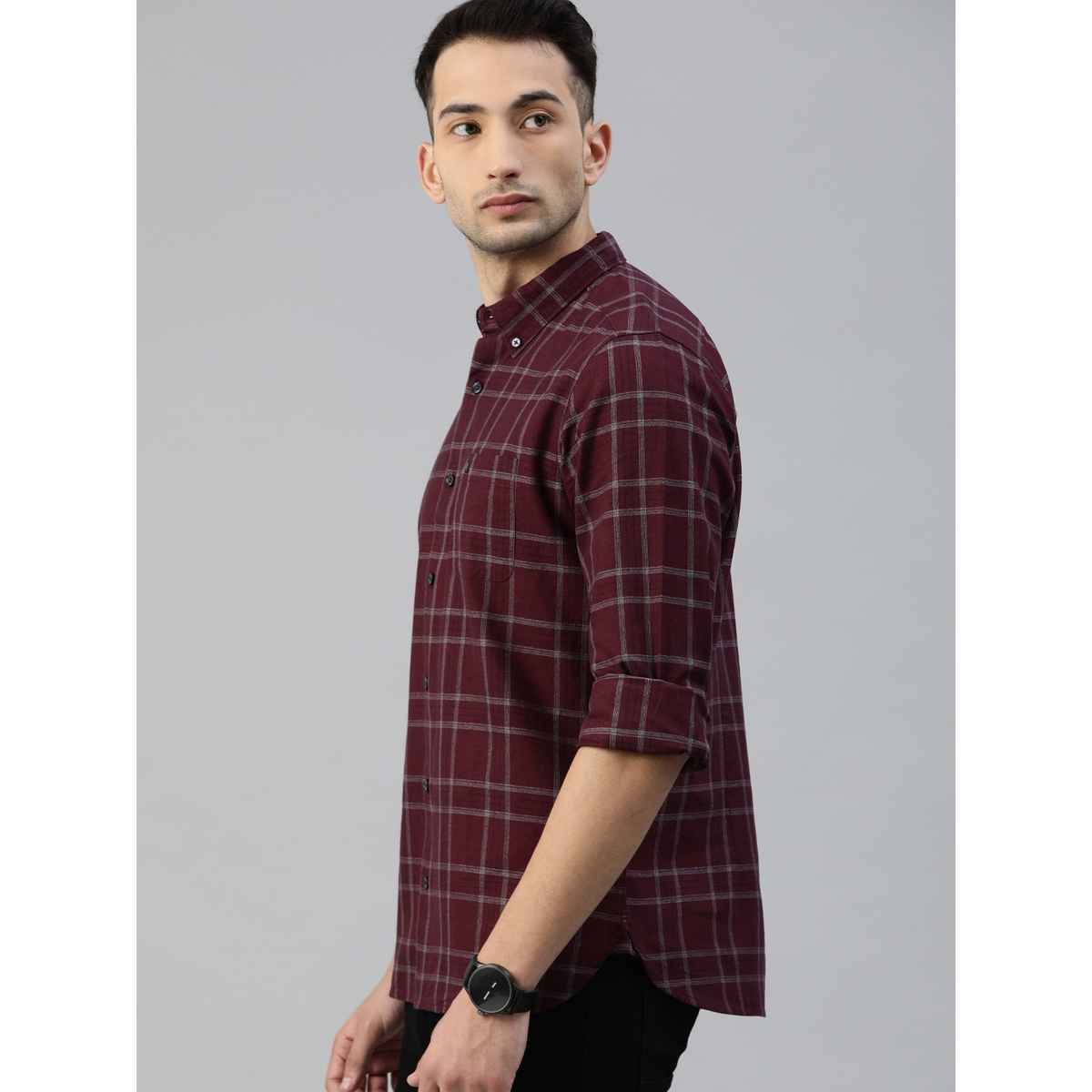 The Bear House Men Slim Fit Checked Button-Down Casual Shirt - Andreas | Maroon | L