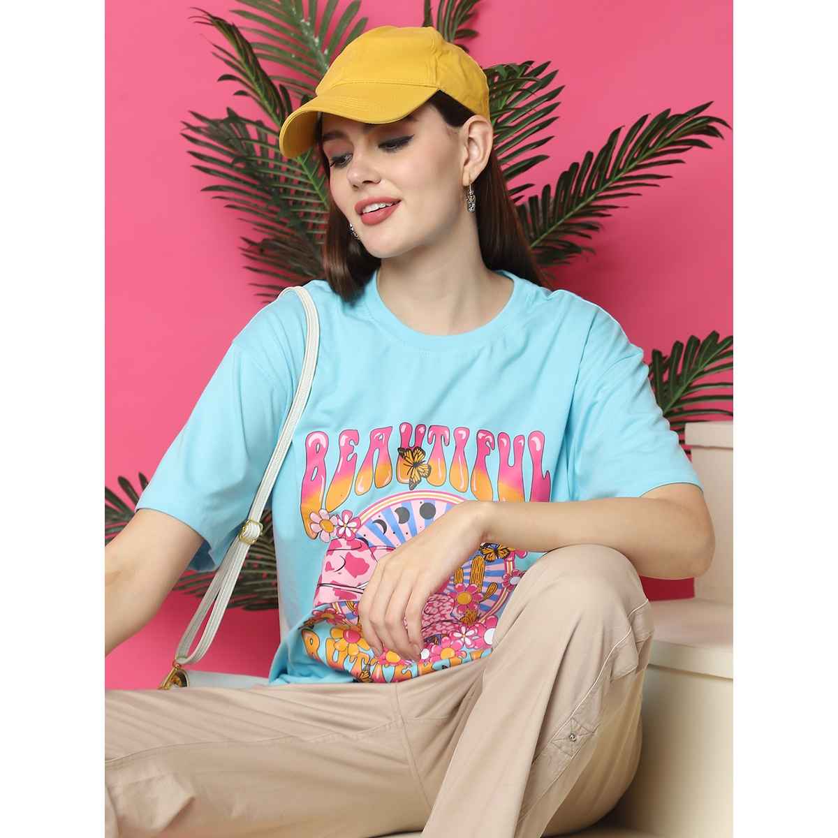 Fabflee Women Oversize Cotton Printed Round Neck Tshirt | Light Blue | FAB-OS-516 | S