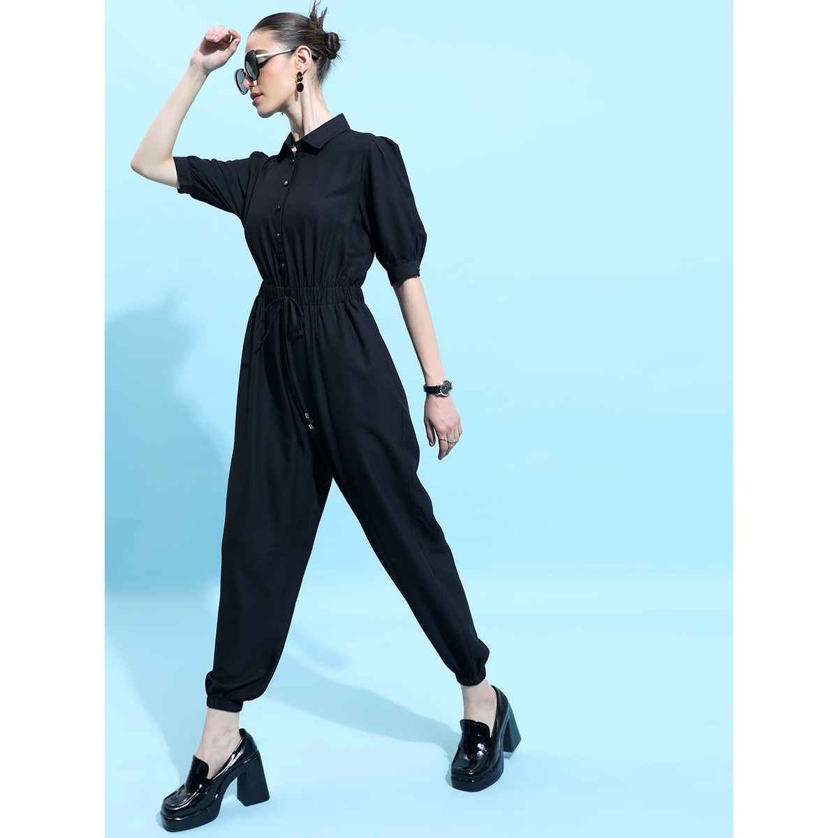 Ketch Women's Shirt Collar Basic Jumpsuit | Black - S