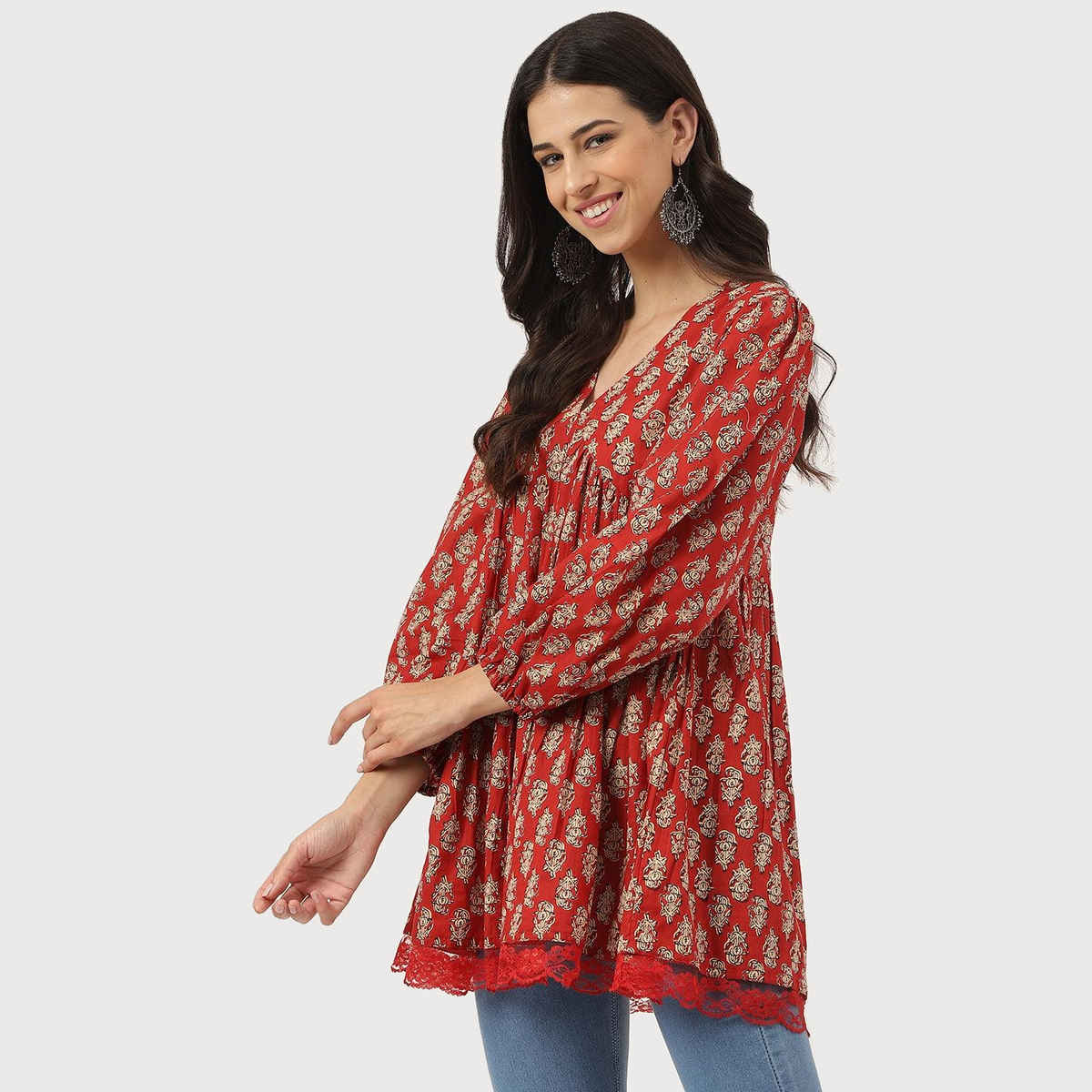 Divena Women's Floral Cotton Pemplum Style Tunic | DK0900 | Red | L