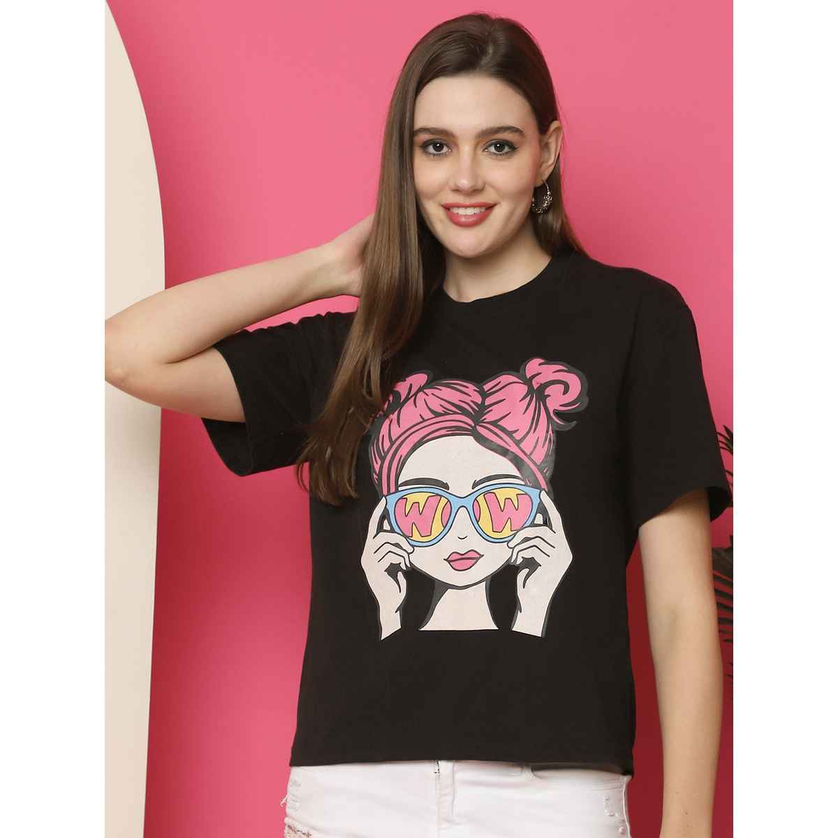 Fabflee Women Oversize Cotton Printed Round Neck Tshirt | Black | FAB-OS-523 | L