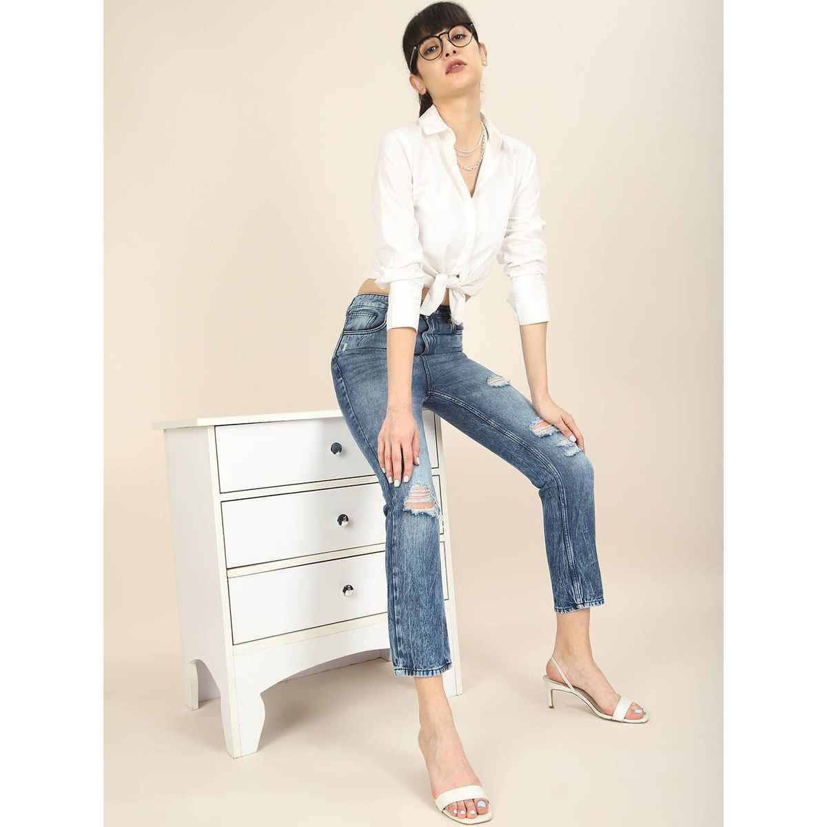 Freehand Women's Distress Straight Fit Jeans | Blue - 30