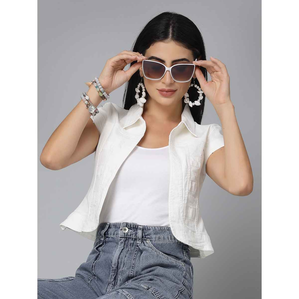 Style Quotient Women Denim Open Front Regular Shrug | S | SS23SQBUBBLY - Off-White