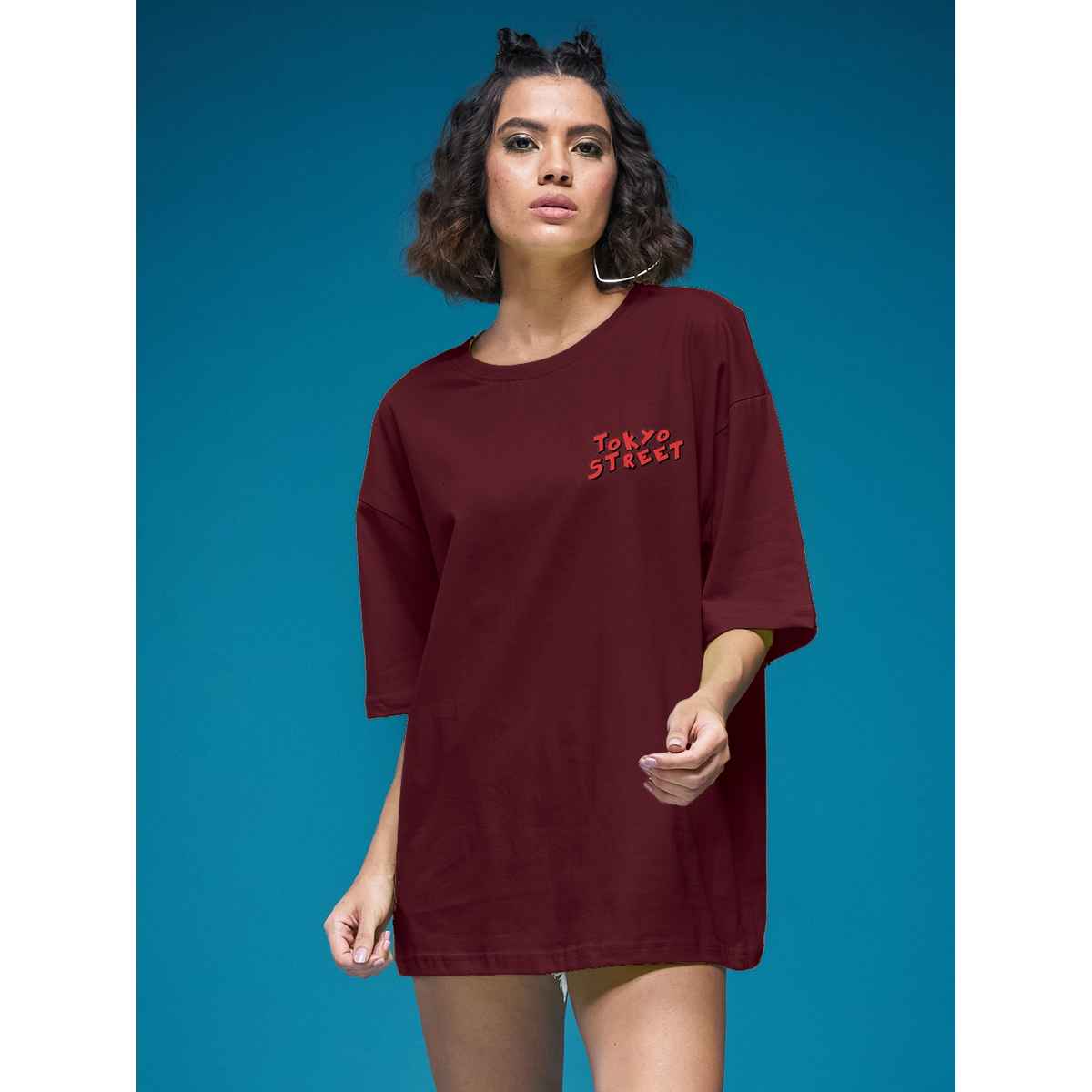 Smartees Women's Oversize Printed T-shirt | WW - 2028 | Maroon - M