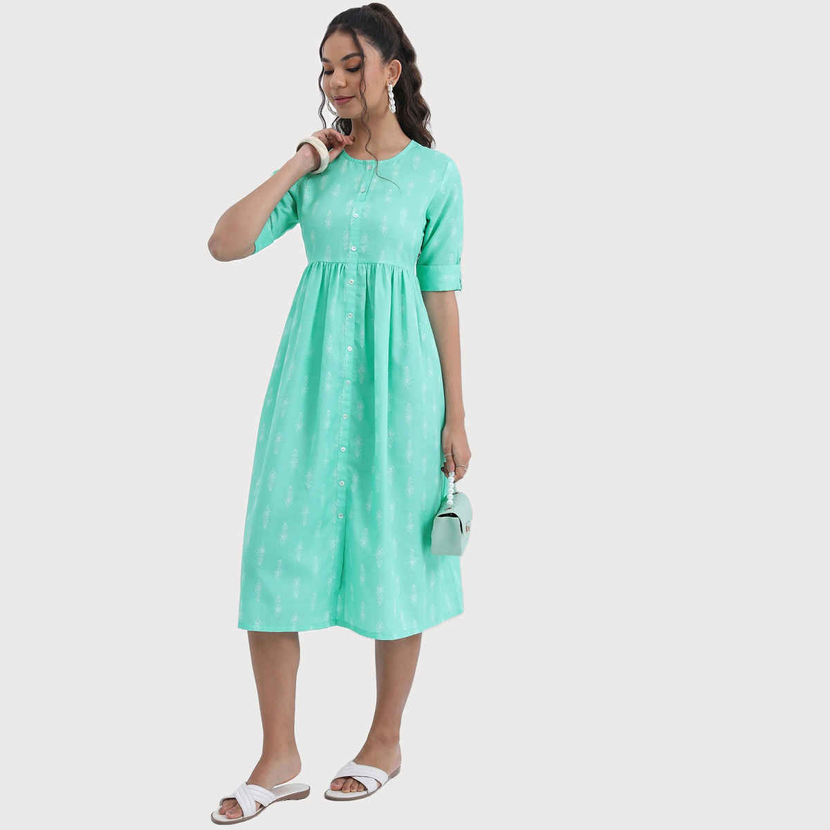 Ketch Women Sea Green Print Fit Flare Midi Dress | Sea Green | XL